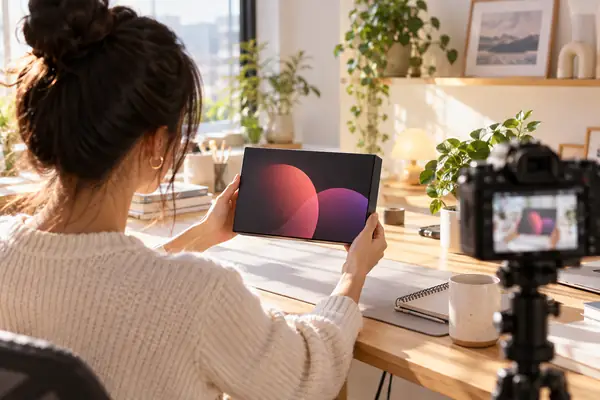 Ein Creator filmt ein Lifestyle-Produkt für zu Hause an einem hellen Schreibtisch, inszeniert wie ein hochwertiges redaktionelles Foto.