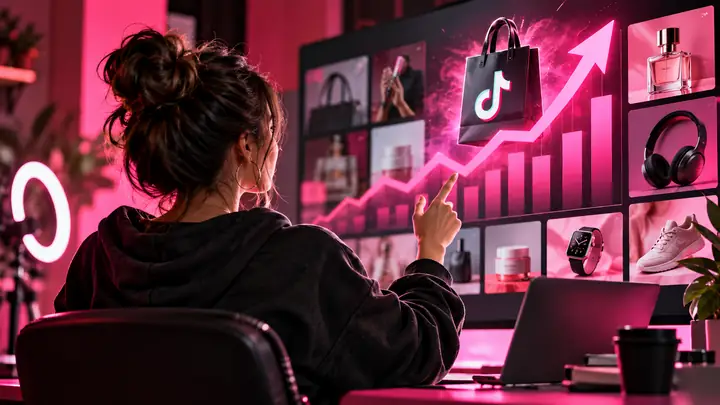Ein Video-Creator präsentiert TikTok Shop-Analysen in einem markanten Video-Thumbnail in Pink und Anthrazit.