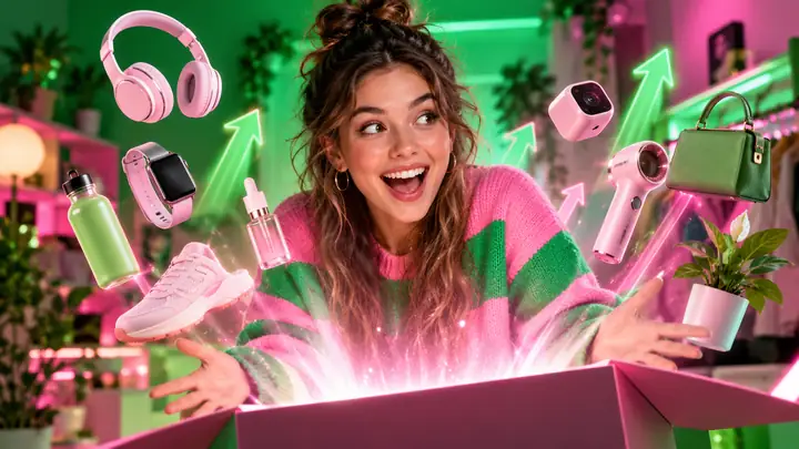 Ein freundlicher Creator stellt Ideen zur Produktentdeckung in einem dynamischen grünen und pinken Video-Thumbnail vor.