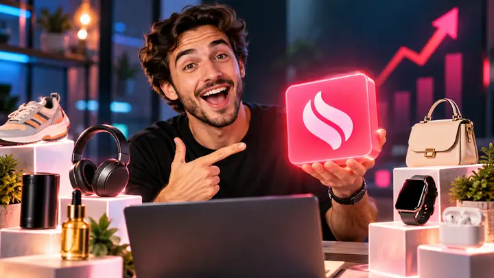Ein begeisterter Rezensent bespricht mehrere meistverkaufte Konsumgüter in einem professionell gestalteten Video-Thumbnail.